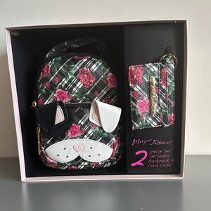 Betsey Johnson Kitch Plaid Floral Dog Backpack and Card Case NEW